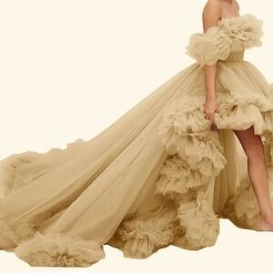 High Low Tulle Prom Dresses Puffy Ruffles Off Shoulder Evening Party Dress